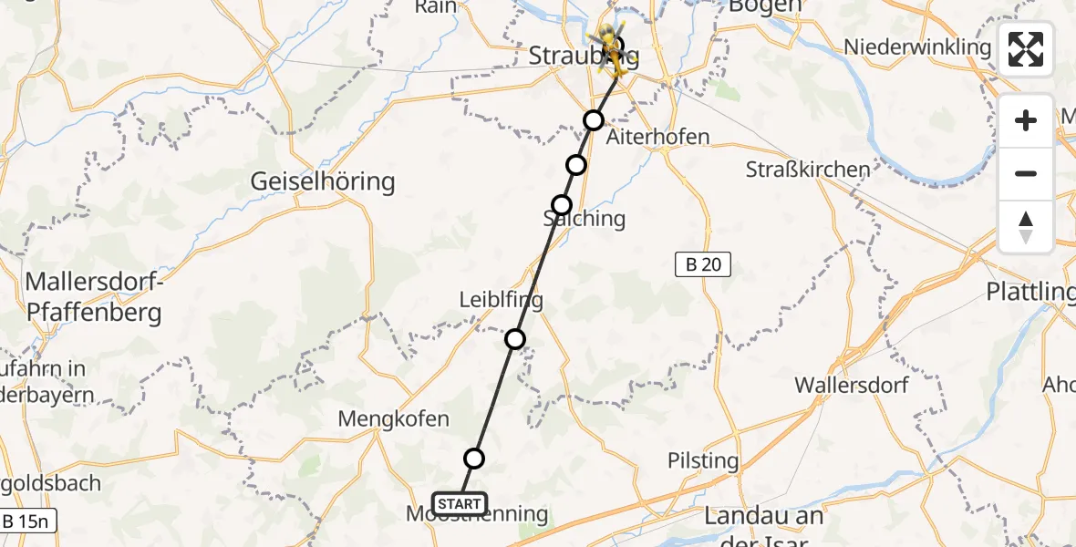 Flugroute Rettungshubschrauber Moosthenning - Sankt Elisabeth Hospital Straubing Hubschrauberlandeplatz, 18 Juni 2026, 13:26
