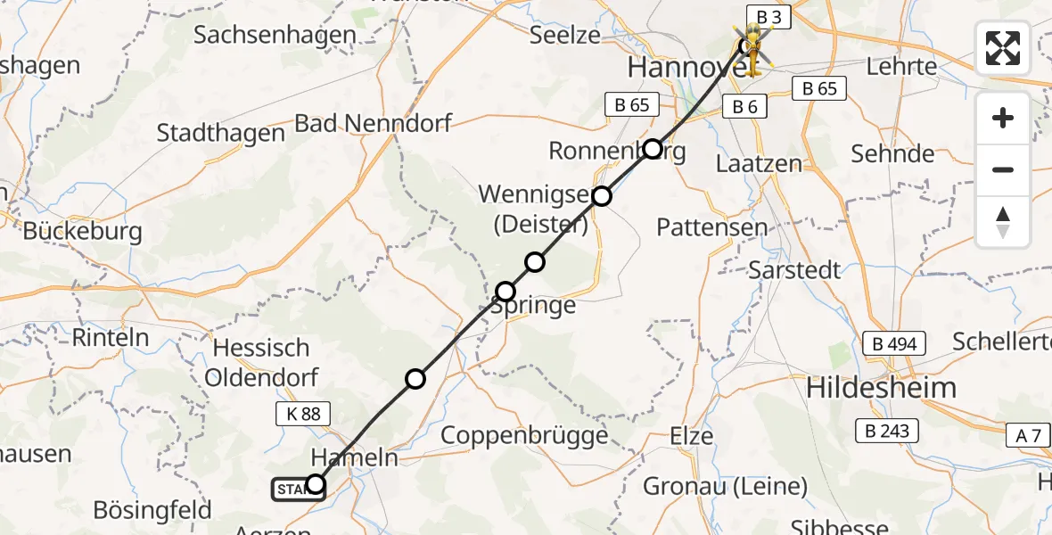 Flugroute Rettungshubschrauber Aerzen - Hannover Luftrettung Hubschrauberlandeplatz (Christoph 4), 18 Juni 2026, 13:27