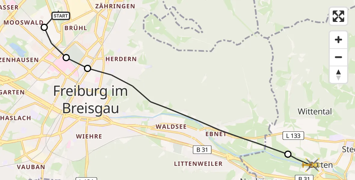 Flugroute Ambulanzhubschrauber Freiburg im Breisgau Flugplatz - Kirchzarten, 18 Juni 2026, 13:32