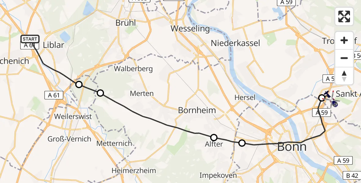 Flugroute Polizeihubschrauber Erftstadt - Sankt Augustin, 18 Juni 2026, 13:33