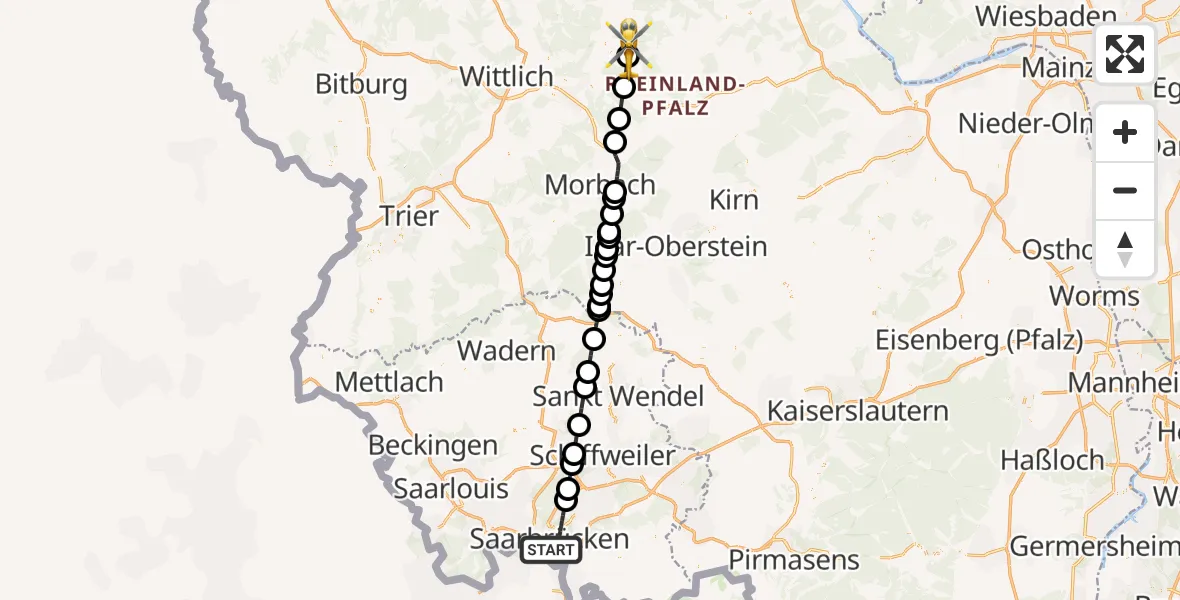 Flugroute Ambulanzhubschrauber Saarbrücken - Zell (Mosel), 18 Juni 2026, 13:36
