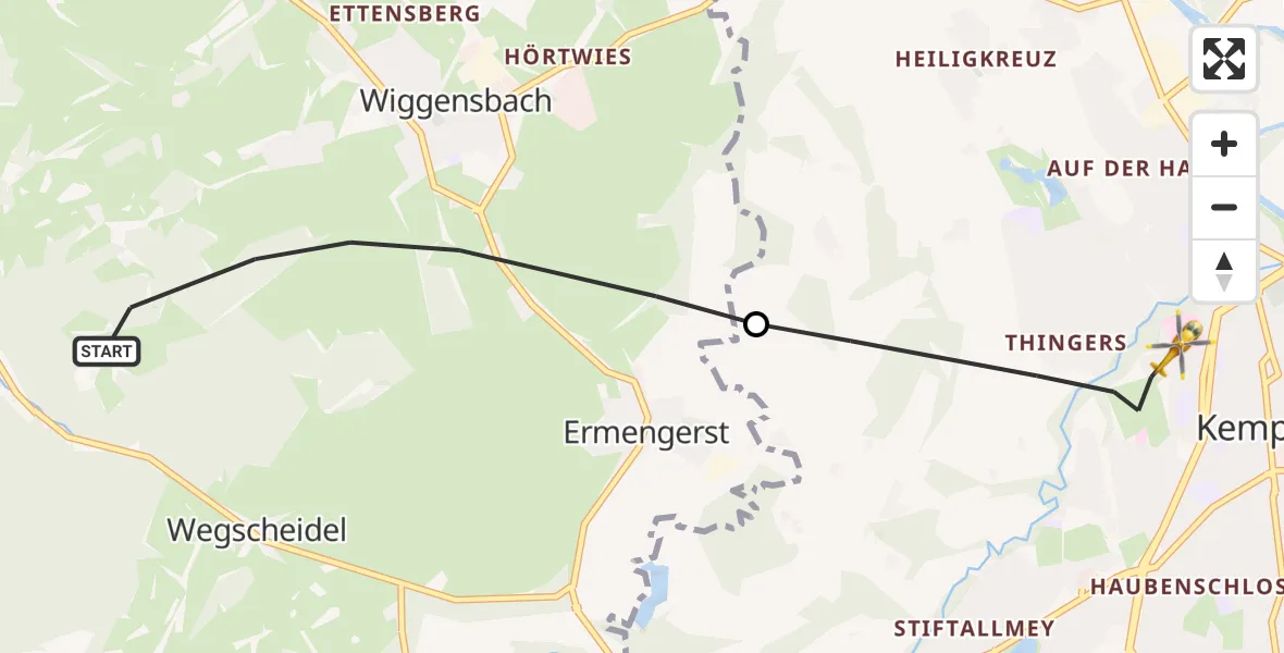 Flugroute Rettungshubschrauber Wiggensbach - Kempten (Allgäu), 18 Juni 2026, 13:38