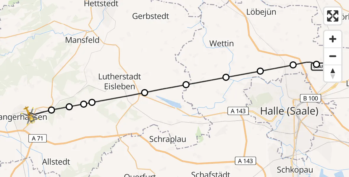Flugroute Rettungshubschrauber Halle-Oppin Flugplatz - Sangerhausen, 18 Juni 2026, 13:40