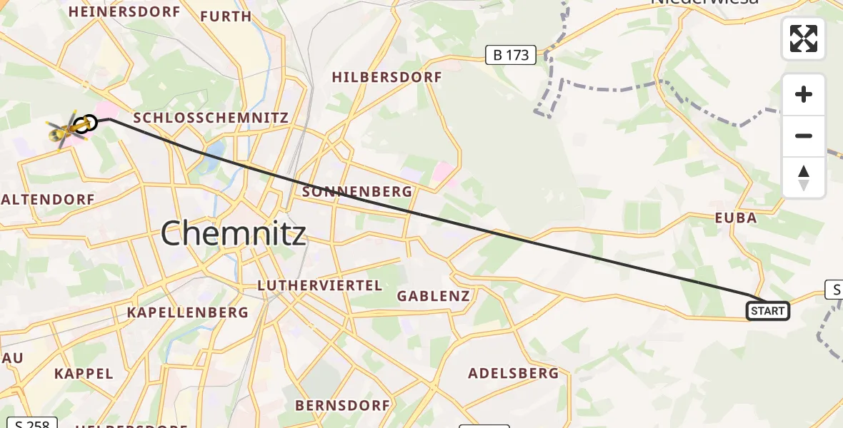 Flugroute Rettungshubschrauber Chemnitz - Flemmingstraße Hospital Rooftop, 18 Juni 2026, 13:56