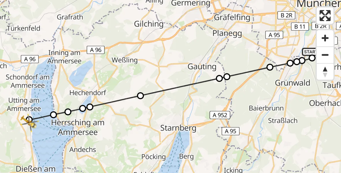 Flugroute Rettungshubschrauber ADAC Air Rescue Center Hubschrauberlandeplatz (Christoph 1) - Utting am Ammersee, 18 Juni 2026, 14:00