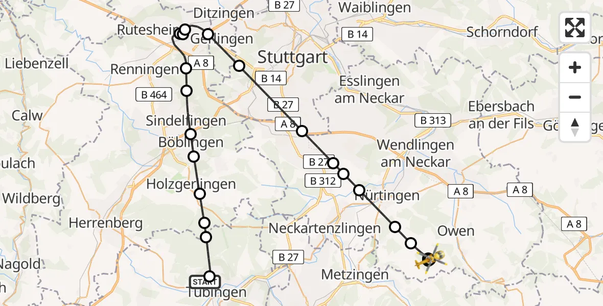 Flugroute Rettungshubschrauber Tübingen Trauma Hospital - Erkenbrechtsweiler, 18 Juni 2026, 14:00