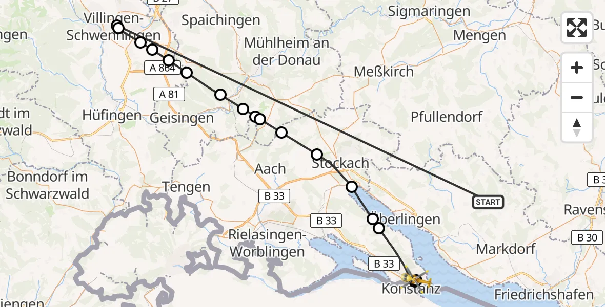 Flugroute Rettungshubschrauber Deggenhausertal - Konstanz Hospital, 18 Juni 2026, 14:01