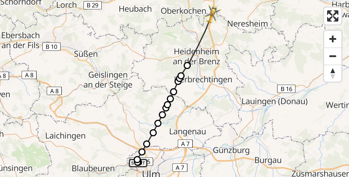 Flugroute Rettungshubschrauber Ulm Military Hospital Emergency - Heidenheim an der Brenz, 18 Juni 2026, 14:02