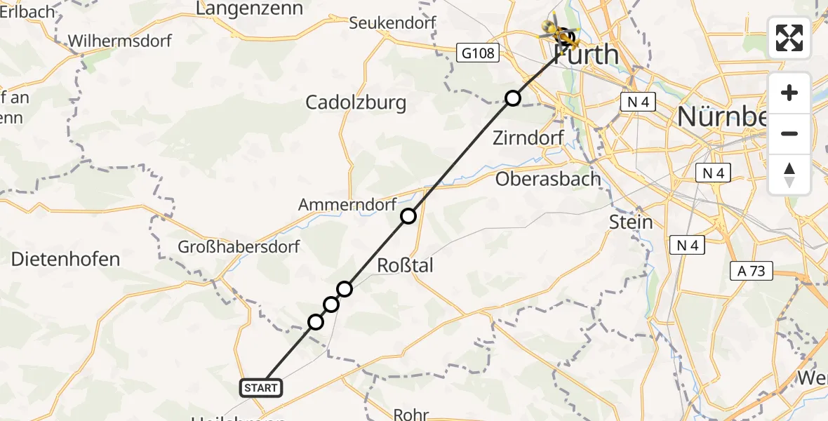 Flugroute Rettungshubschrauber Heilsbronn - Fürth Hospital, 18 Juni 2026, 14:10