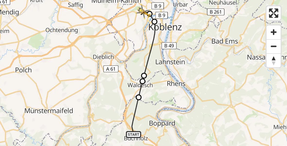 Flugroute Rettungshubschrauber Boppard - Koblenz, 18 Juni 2026, 14:15