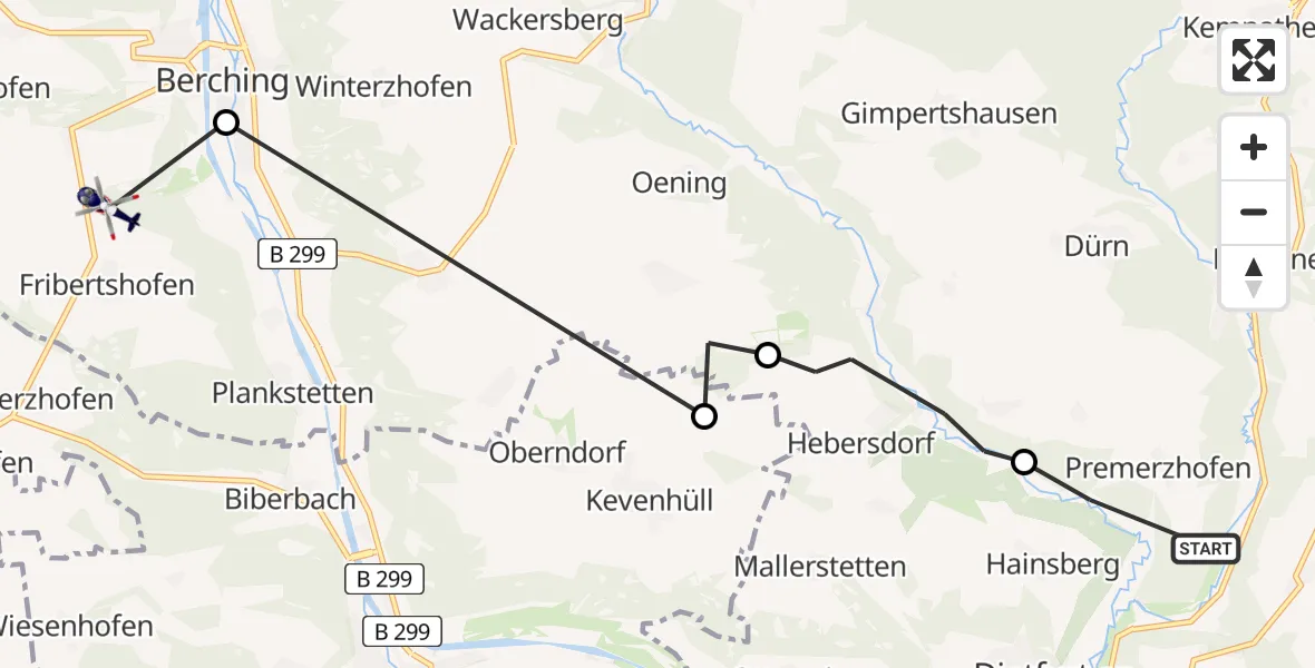 Flugroute Polizeihubschrauber Breitenbrunn - Berching, 18 Juni 2026, 14:17