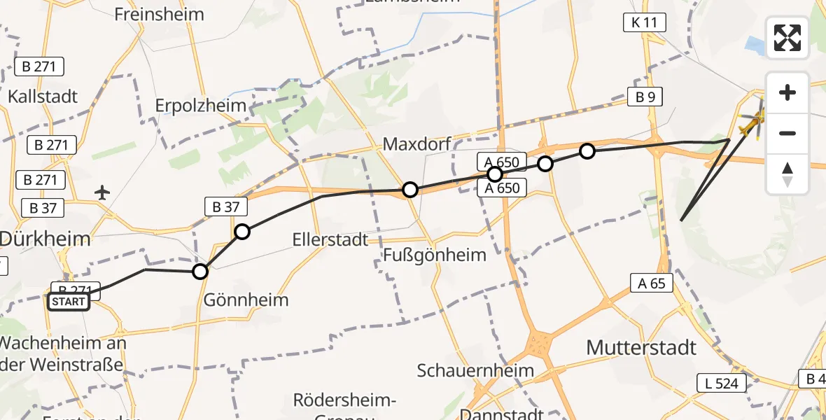Flugroute Rettungshubschrauber Wachenheim an der Weinstraße - Ludwigshafen Accident Hospital, 18 Juni 2026, 14:20