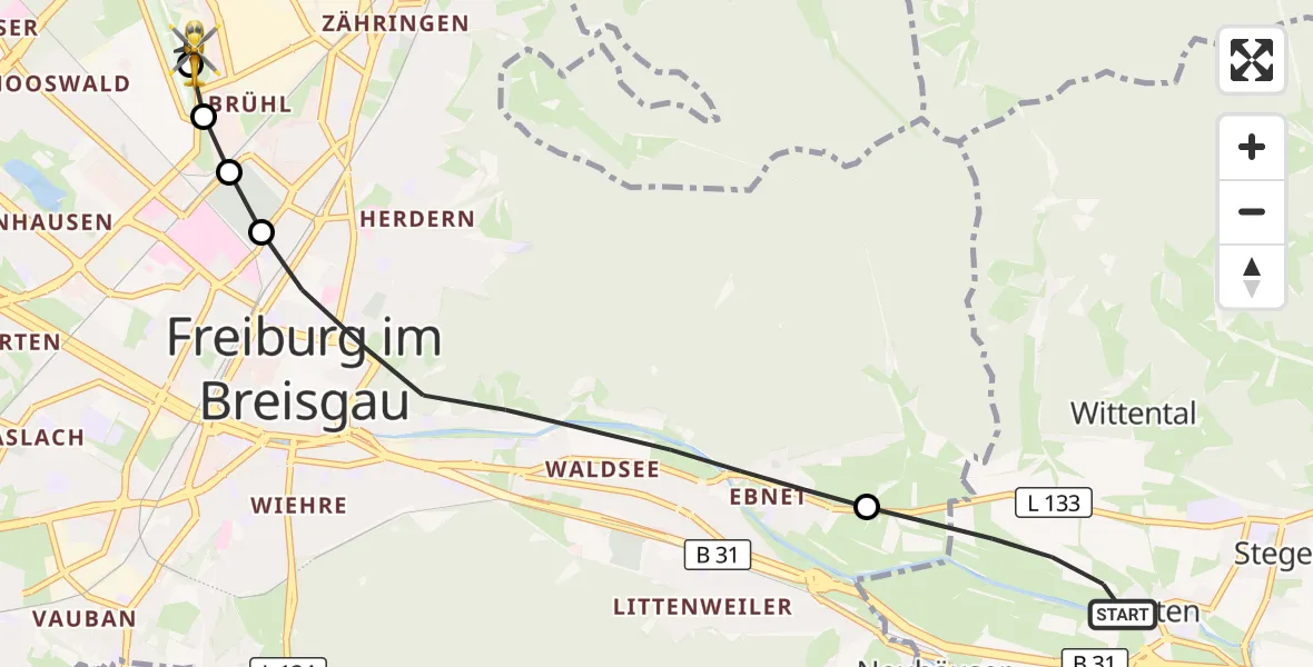 Flugroute Ambulanzhubschrauber Kirchzarten - Freiburg im Breisgau Flugplatz, 18 Juni 2026, 14:20