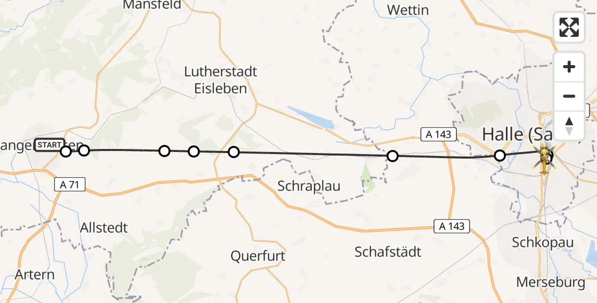 Flugroute Rettungshubschrauber Helios Clinic Mansfeld-Südharz - BG Hospital Bergmannstrost Halle, 18 Juni 2026, 14:21
