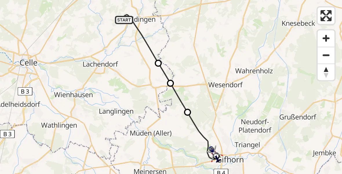Flugroute Polizeihubschrauber Eldingen - Gifhorn Bundespolizei Hubschrauberlandeplatz, 18 Juni 2026, 14:34