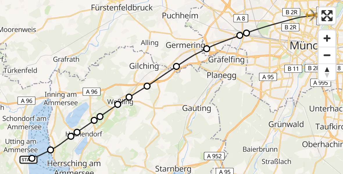 Flugroute Rettungshubschrauber Utting am Ammersee - München, 18 Juni 2026, 14:35