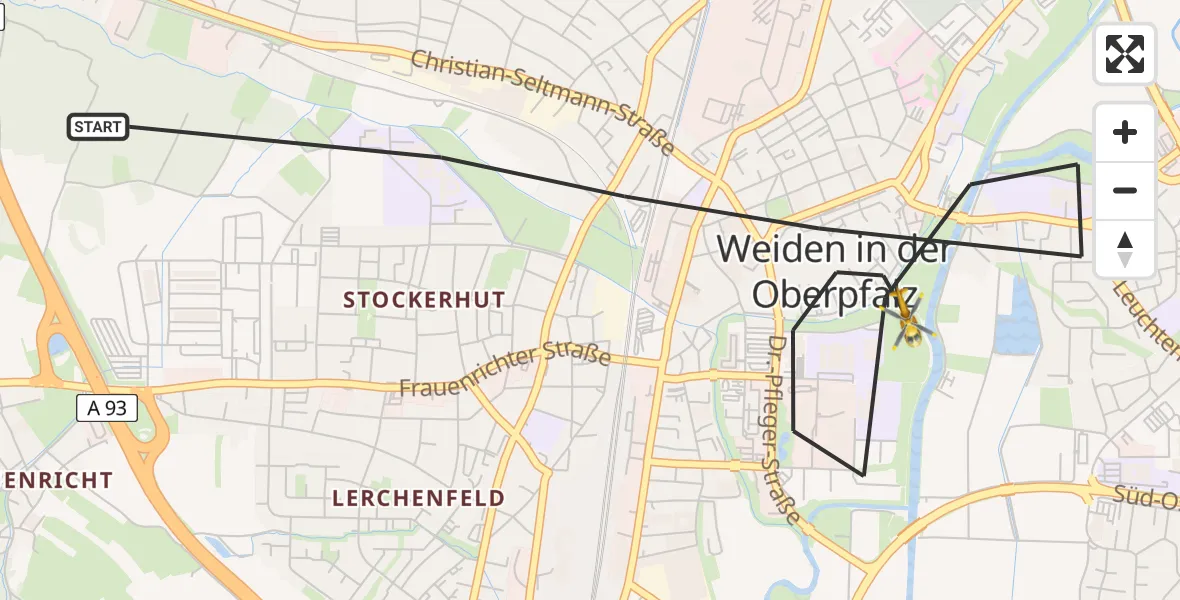 Flugroute Rettungshubschrauber Weiden i.d.OPf. - Weiden i.d.OPf., 18 Juni 2026, 14:36