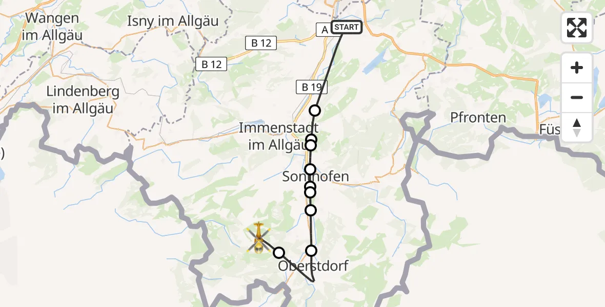 Flugroute Rettungshubschrauber Sulzberg - Bolsterlang, 18 Juni 2026, 14:39