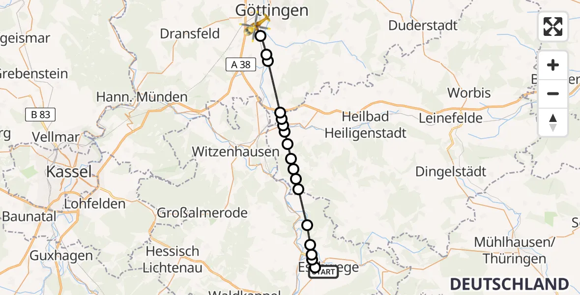 Flugroute Rettungshubschrauber Werra-Meißner Eschwege Hospital - Rosdorf, 18 Juni 2026, 14:41