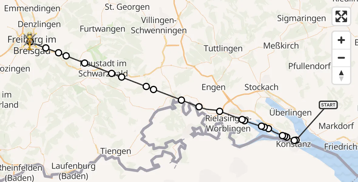 Flugroute Rettungshubschrauber Deggenhausertal - Freiburg University Hospital Heliport 1, 18 Juni 2026, 14:42