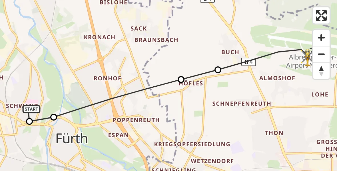 Flugroute Rettungshubschrauber Fürth Hospital - Flughafen Nuremberg, 18 Juni 2026, 14:45