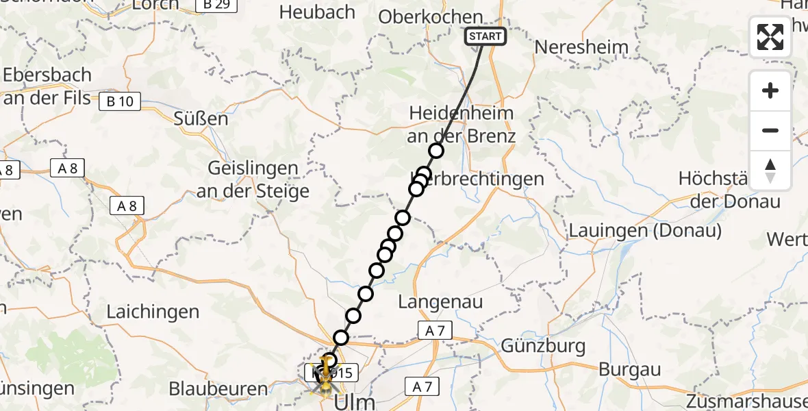 Flugroute Rettungshubschrauber Heidenheim an der Brenz - Ulm Military Hospital Emergency, 18 Juni 2026, 14:47