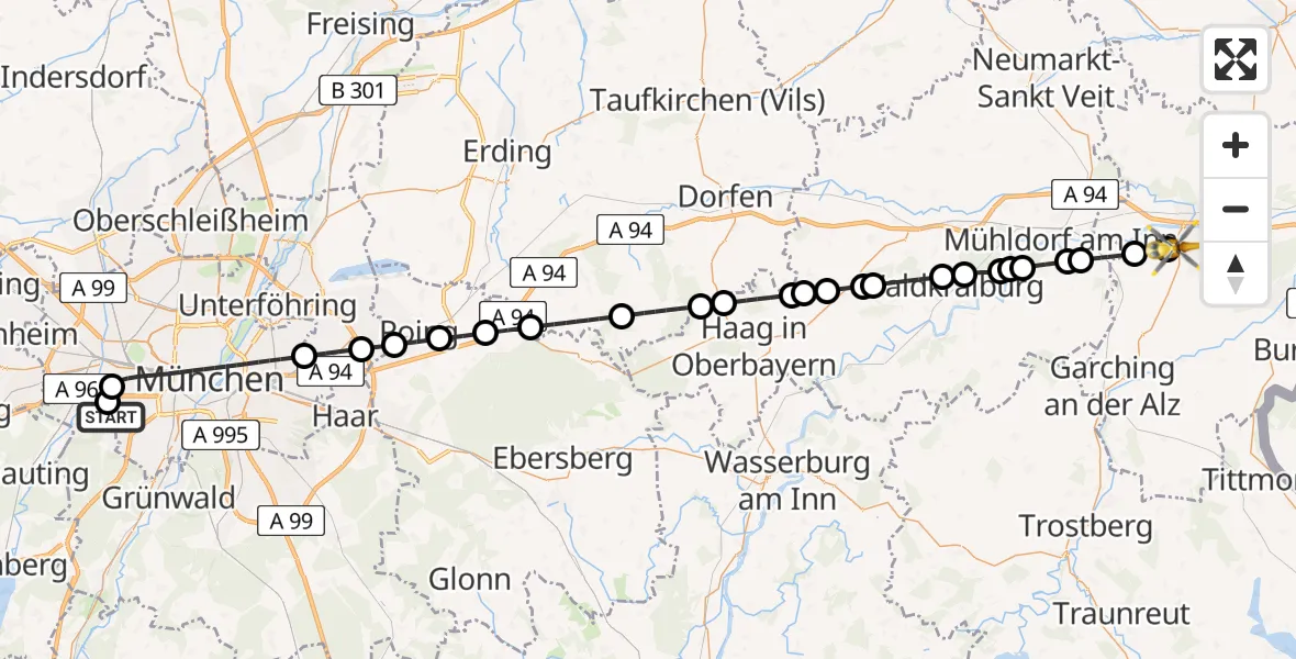 Flugroute Rettungshubschrauber DRF Air Rescue München Hubschrauberlandeplatz - Altötting, 18 Juni 2026, 15:00