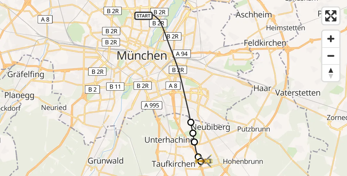 Flugroute Rettungshubschrauber München - Ottobrunn Hubschrauberlandeplatz, 18 Juni 2026, 15:02