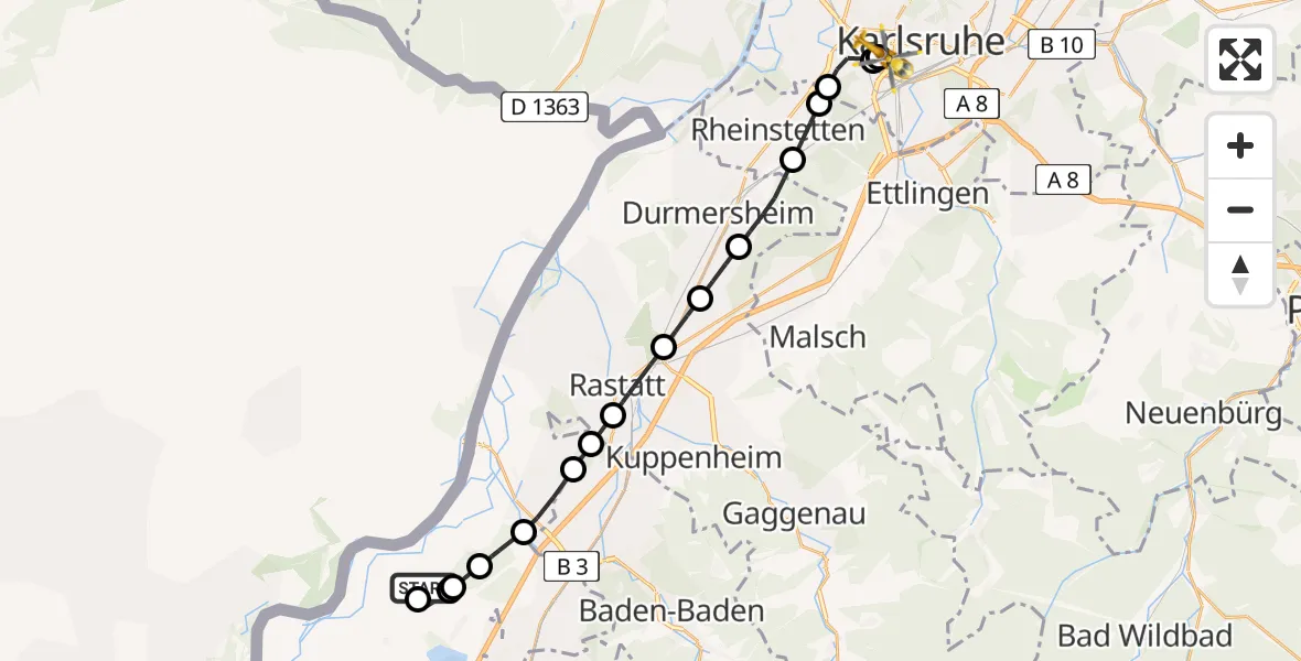Flugroute Ambulanzhubschrauber Karlsruhe Baden-Baden Flughafen - Sankt Vincentius Hospital, 18 Juni 2026, 15:05