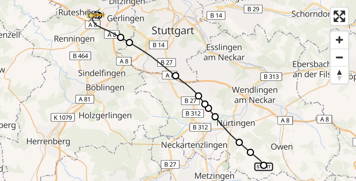 Flugroute Rettungshubschrauber Erkenbrechtsweiler - Leonberg, 18 Juni 2026, 15:11