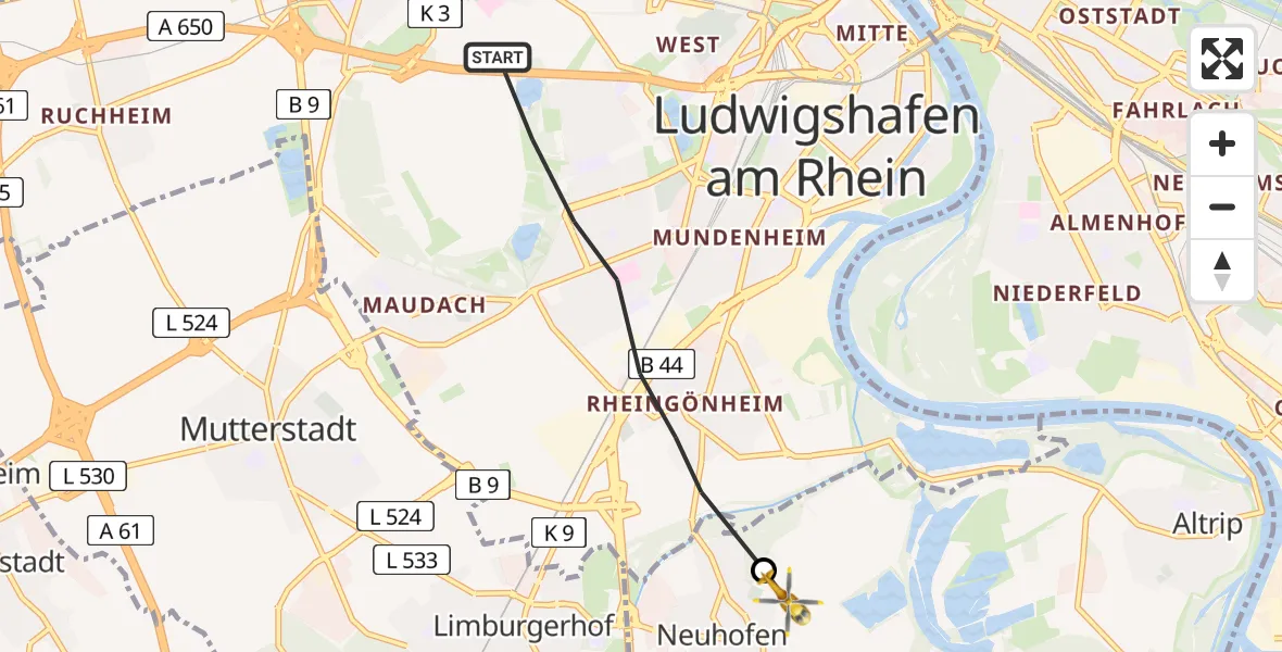 Flugroute Rettungshubschrauber Ludwigshafen am Rhein - Neuhofen, 18 Juni 2026, 15:15