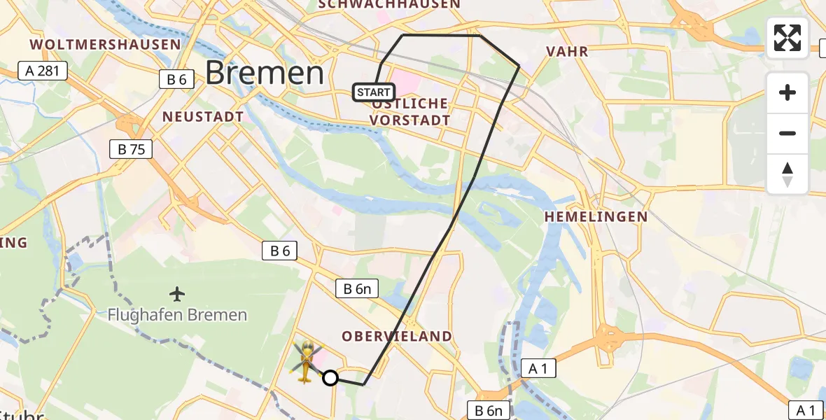 Flugroute Rettungshubschrauber Bremen - ADAC Air Rescue Station Bremen Hubschrauberlandeplatz (Christoph 6), 18 Juni 2026, 15:15