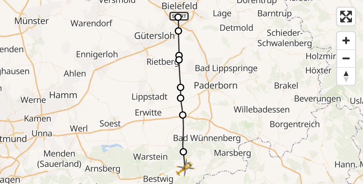 Flugroute Rettungshubschrauber Luftrettungszentrum Bielefeld - Brilon, 18 Juni 2026, 15:19