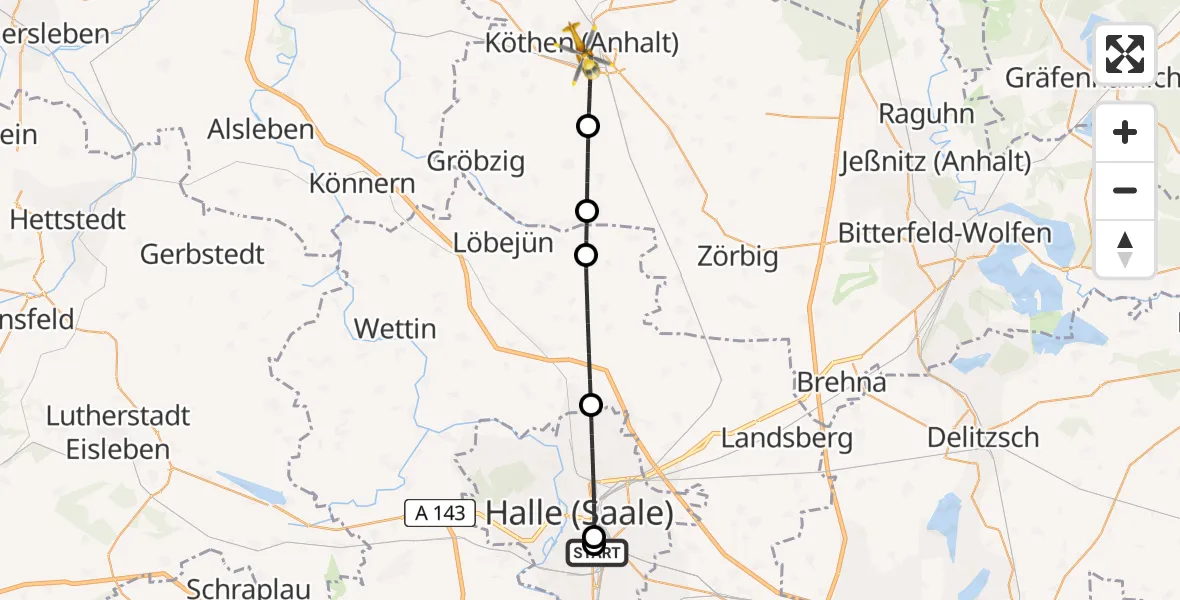 Flugroute Rettungshubschrauber BG Hospital Bergmannstrost Halle - Köthen (Anhalt), 18 Juni 2026, 15:25