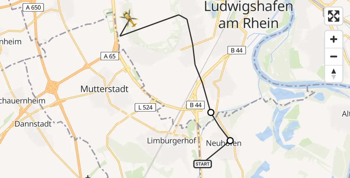 Flugroute Rettungshubschrauber Limburgerhof - Ludwigshafen am Rhein, 18 Juni 2026, 15:31
