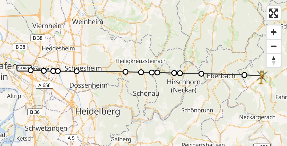 Flugroute Rettungshubschrauber Mannheim-City Flughafen - Waldbrunn, 18 Juni 2026, 15:32