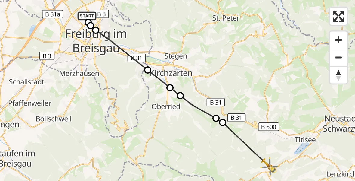 Flugroute Ambulanzhubschrauber Freiburg im Breisgau Flugplatz - Feldberg (Schwarzwald), 18 Juni 2026, 15:33