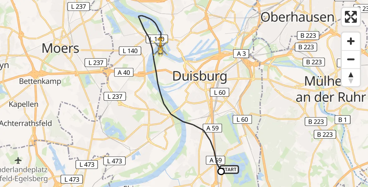 Flugroute Rettungshubschrauber Duisburg Air Rescue Hubschrauberlandeplatz (Christoph 9) - Duisburg, 18 Juni 2026, 15:33