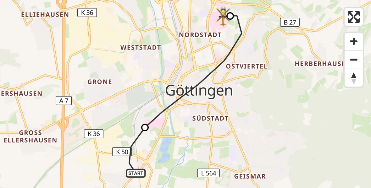 Flugroute Rettungshubschrauber Rosdorf - Göttingen University Clinic Hubschrauberlandeplatz, 18 Juni 2026, 15:34