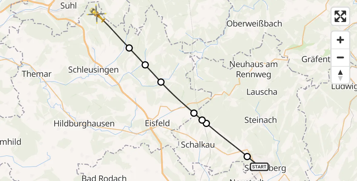 Flugroute Rettungshubschrauber Sonneberg - Schleusingen, 18 Juni 2026, 15:35