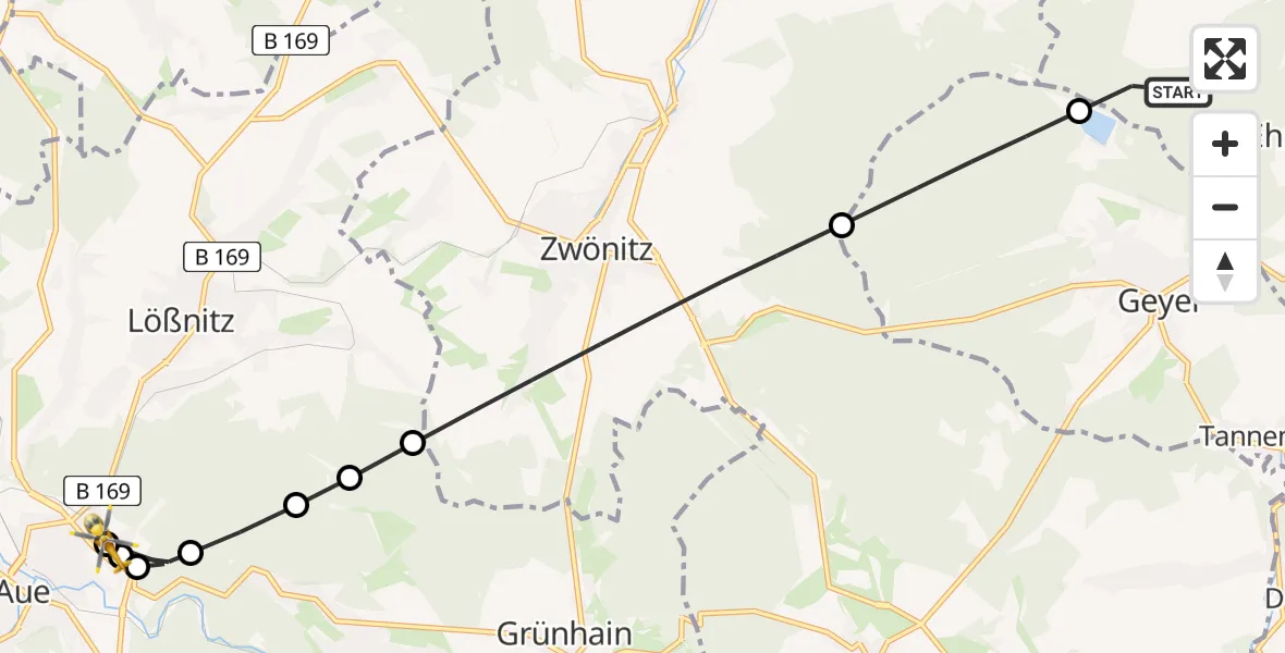 Flugroute Rettungshubschrauber Ehrenfriedersdorf - Helios Clinic Aue, 18 Juni 2026, 15:47