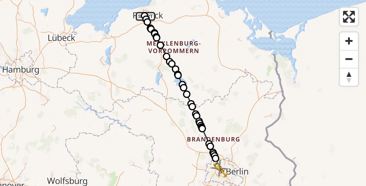 Flugroute Rettungshubschrauber Rostock University Hubschrauberlandeplatz - Berlin, 18 Juni 2026, 15:47