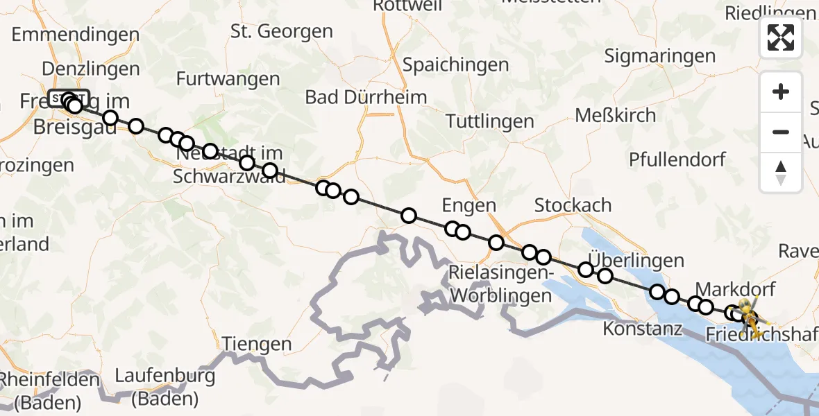 Flugroute Rettungshubschrauber Freiburg im Breisgau Flugplatz - Friedrichshafen Hospital, 18 Juni 2026, 15:54