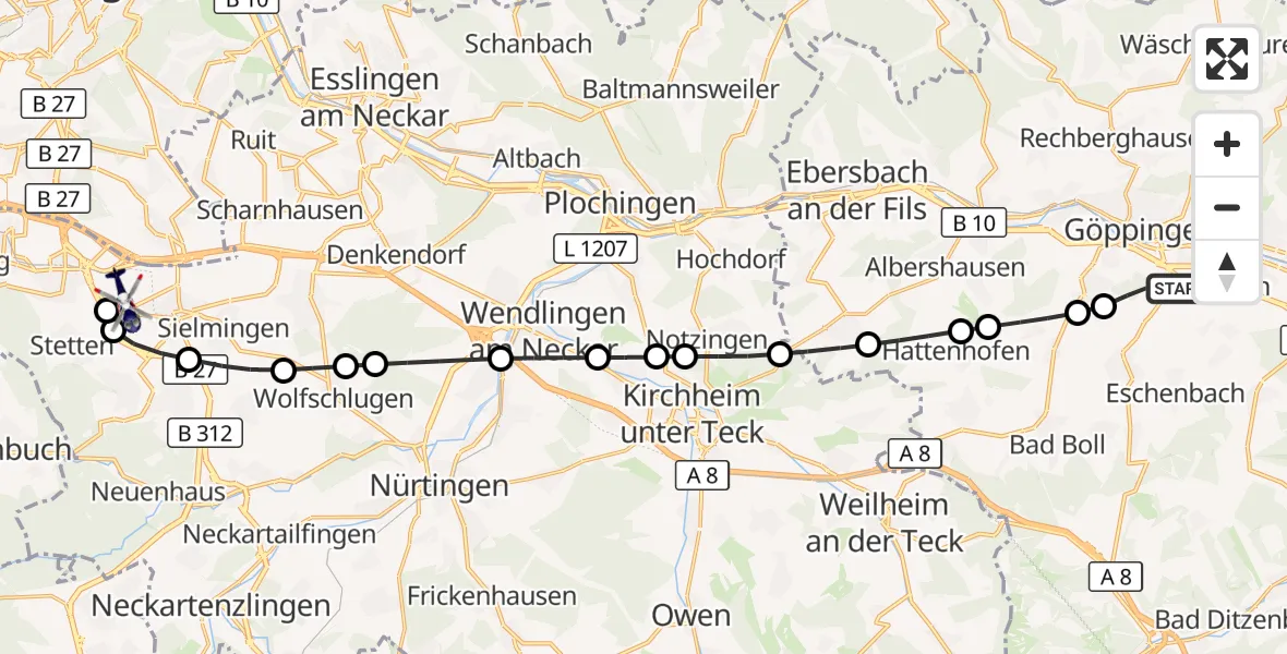 Flugroute Polizeihubschrauber Göppingen - Flughafen Stuttgart, 18 Juni 2026, 16:04