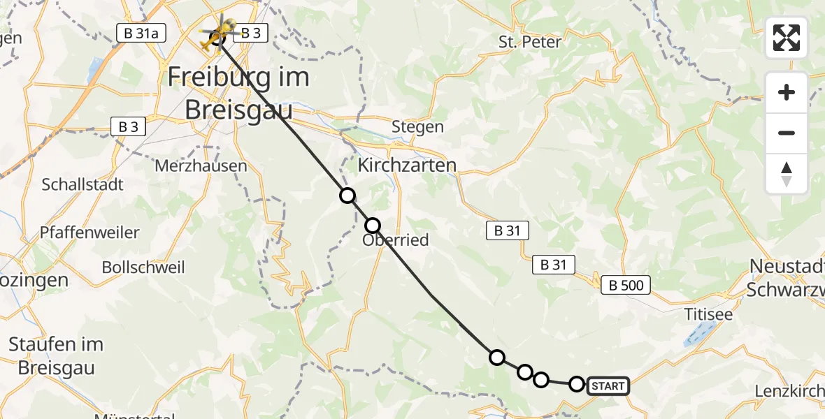 Flugroute Ambulanzhubschrauber Feldberg (Schwarzwald) - Freiburg im Breisgau Flugplatz, 18 Juni 2026, 16:06