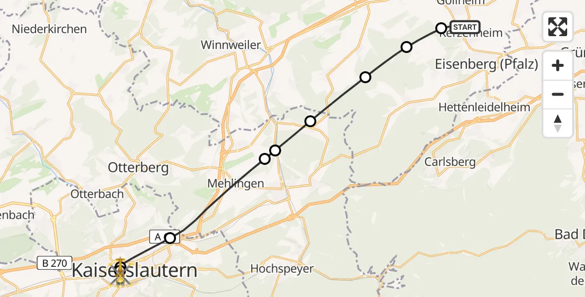 Flugroute Rettungshubschrauber Kerzenheim - Westpfalz Hospital Kaiserslautern, 18 Juni 2026, 16:09