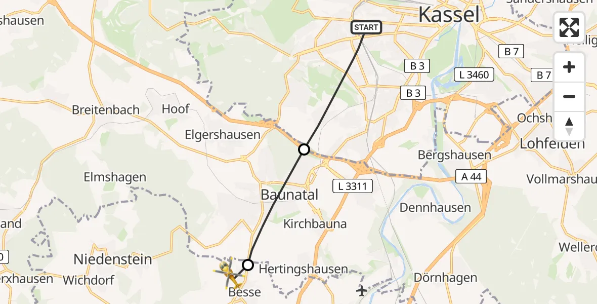 Flugroute Rettungshubschrauber Kassel - Edermünde, 18 Juni 2026, 16:10