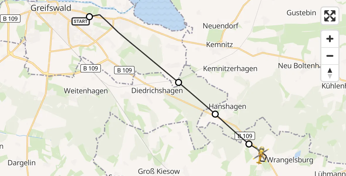 Flugroute Rettungshubschrauber Greifswald Hospital - Wrangelsburg, 18 Juni 2026, 16:13