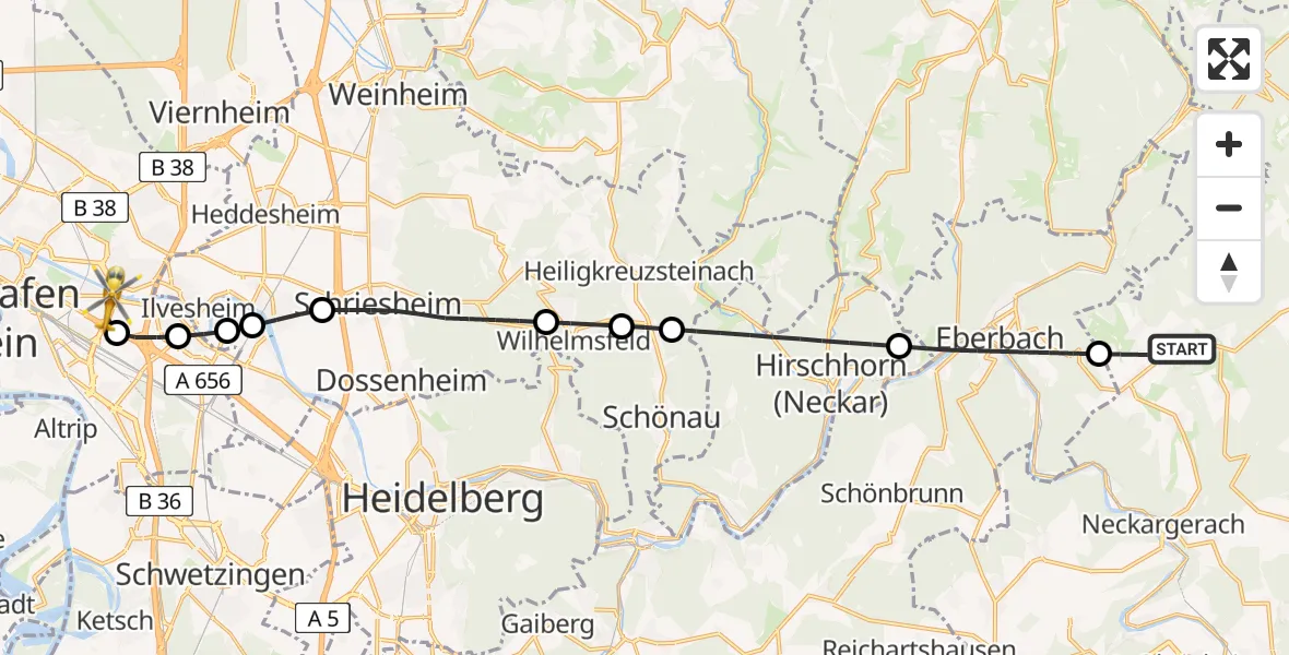 Flugroute Rettungshubschrauber Waldbrunn - Mannheim-City Flughafen, 18 Juni 2026, 16:15