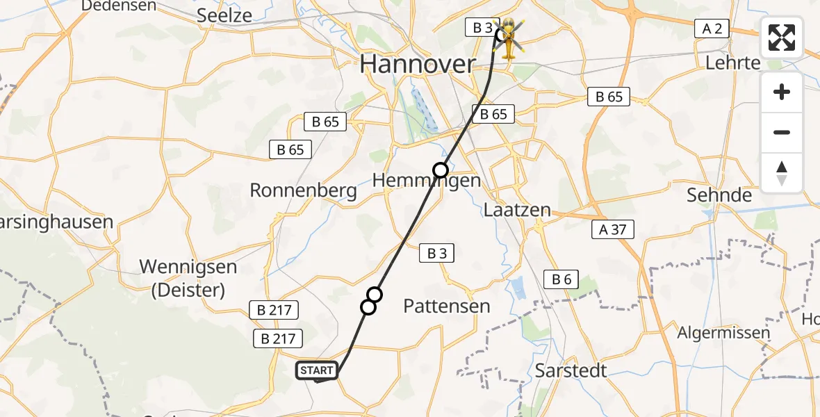 Flugroute Rettungshubschrauber Springe - Hannover Luftrettung Hubschrauberlandeplatz (Christoph 4), 18 Juni 2026, 16:16